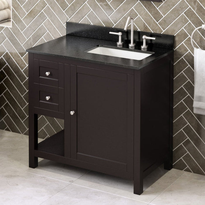 Jeffrey Alexander 36" Espresso Astoria Vanity, right offset, Black Granite Vanity Top, undermount rectangle bowl