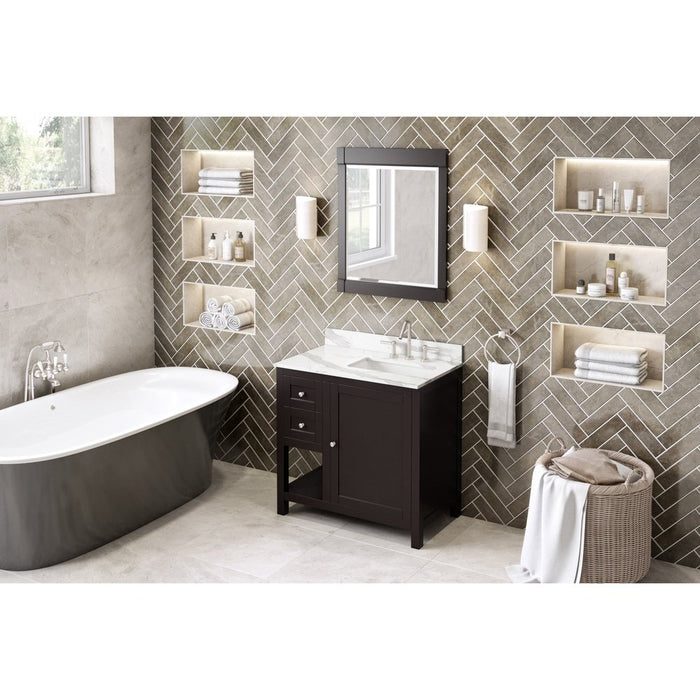 Jeffrey Alexander 36" Espresso Astoria Vanity, right offset, Calacatta Vienna Quartz Vanity Top, undermount rectangle bowl