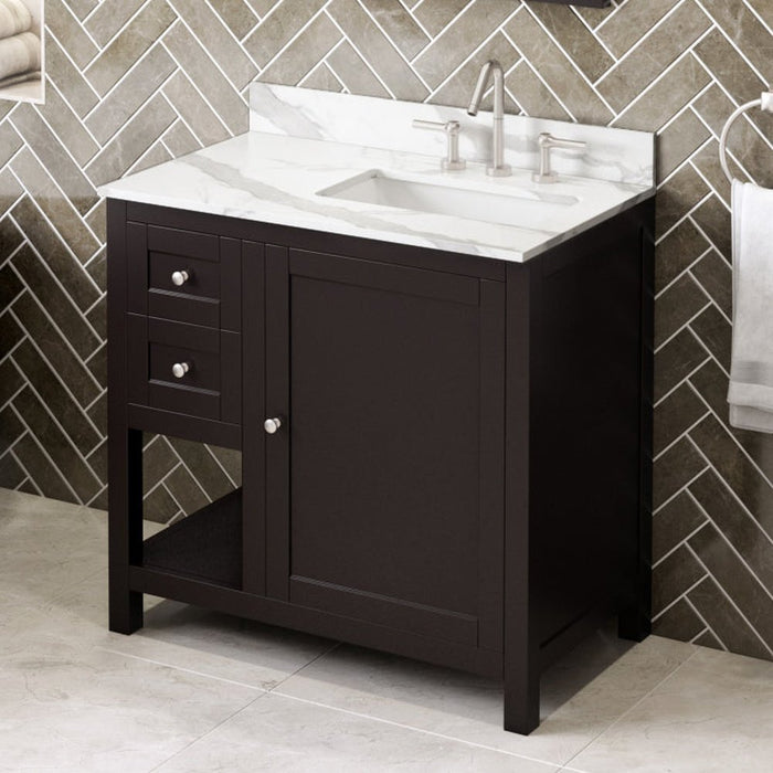 Jeffrey Alexander 36" Espresso Astoria Vanity, right offset, Calacatta Vienna Quartz Vanity Top, undermount rectangle bowl