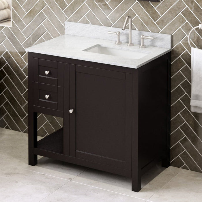 Jeffrey Alexander 36" Espresso Astoria Vanity, right offset, White Carrara Marble Vanity Top, undermount rectangle bowl