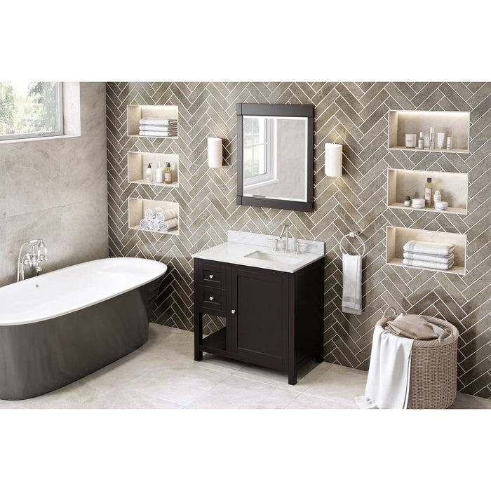 Jeffrey Alexander 36" Espresso Astoria Vanity, right offset, White Carrara Marble Vanity Top, undermount rectangle bowl