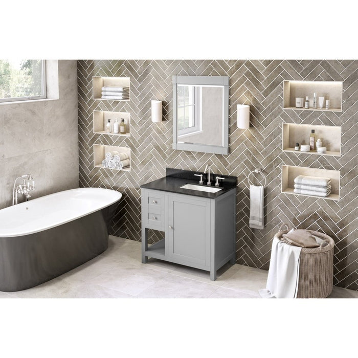 Jeffrey Alexander 36" Grey Astoria Vanity, right offset, Black Granite Vanity Top, undermount rectangle bowl