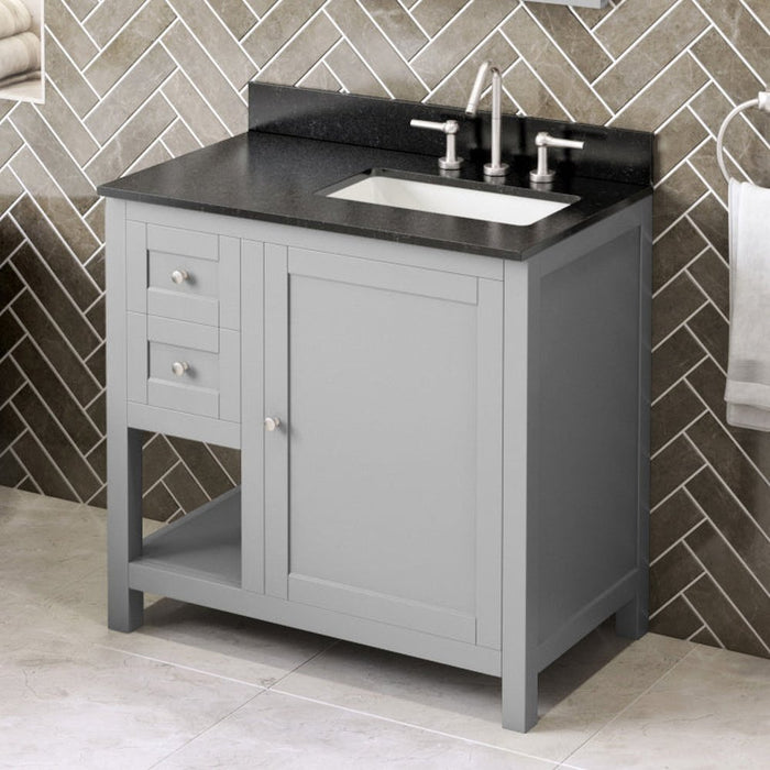 Jeffrey Alexander 36" Grey Astoria Vanity, right offset, Black Granite Vanity Top, undermount rectangle bowl