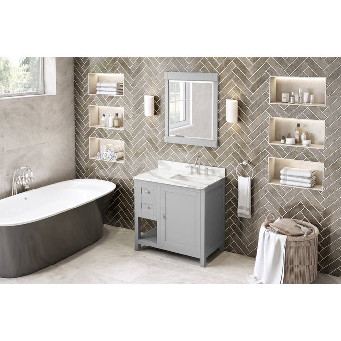 Jeffrey Alexander 36" Grey Astoria Vanity, right offset, Calacatta Vienna Quartz Vanity Top, undermount rectangle bowl