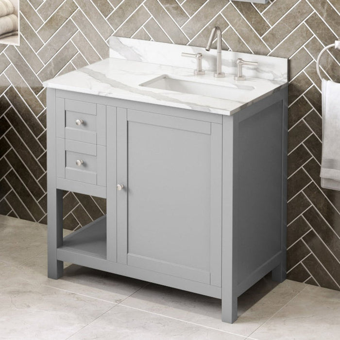 Jeffrey Alexander 36" Grey Astoria Vanity, right offset, Calacatta Vienna Quartz Vanity Top, undermount rectangle bowl