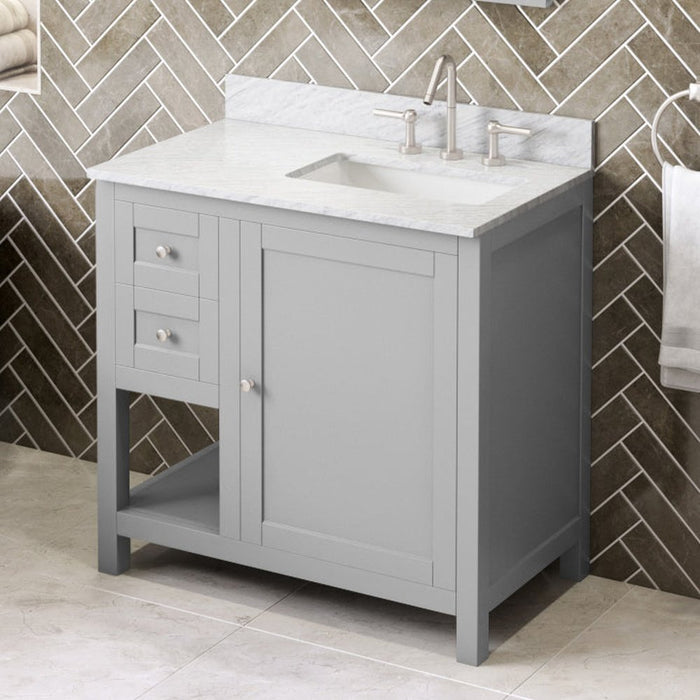 Jeffrey Alexander 36" Grey Astoria Vanity, right offset, White Carrara Marble Vanity Top, undermount rectangle bowl