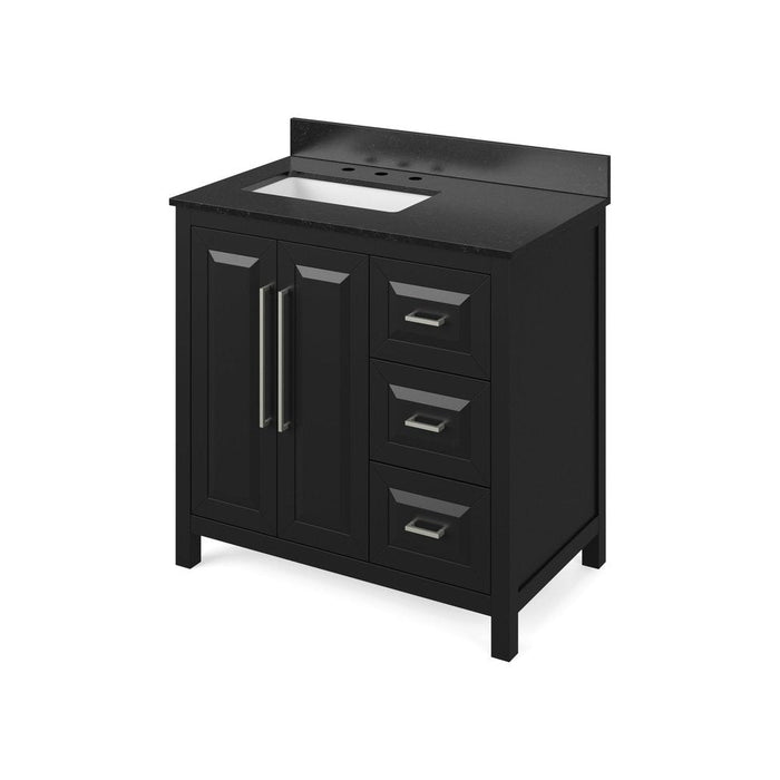 Jeffrey Alexander 36" Black Cade Vanity, left offset, Black Granite Vanity Top, undermount rectangle bowl