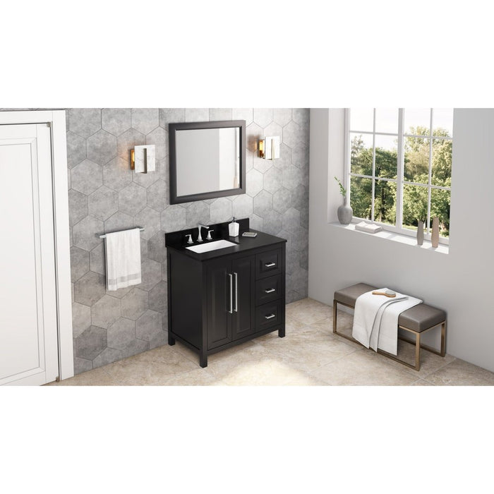 Jeffrey Alexander 36" Black Cade Vanity, left offset, Black Granite Vanity Top, undermount rectangle bowl