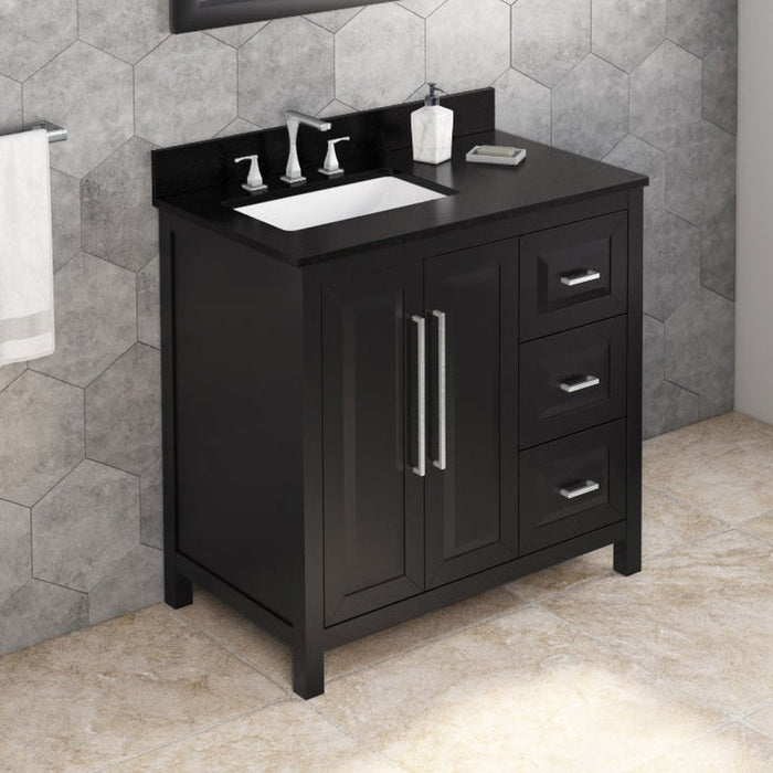 Jeffrey Alexander 36" Black Cade Vanity, left offset, Black Granite Vanity Top, undermount rectangle bowl