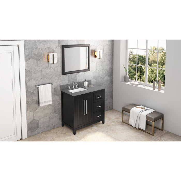 Jeffrey Alexander 36" Black Cade Vanity, left offset, Boulder Vanity Cultured Marble Vanity Top, undermount rectangle bowl