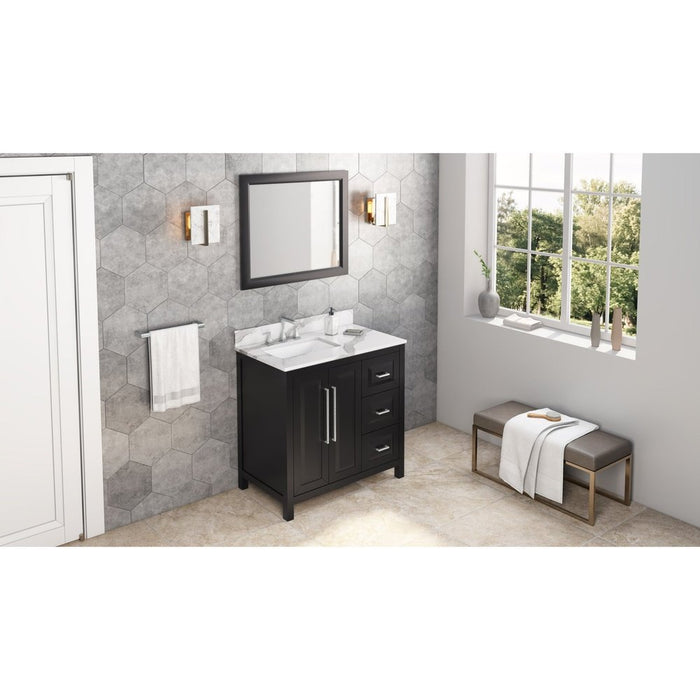 Jeffrey Alexander 36" Black Cade Vanity, left offset, Calacatta Vienna Quartz Vanity Top, undermount rectangle bowl