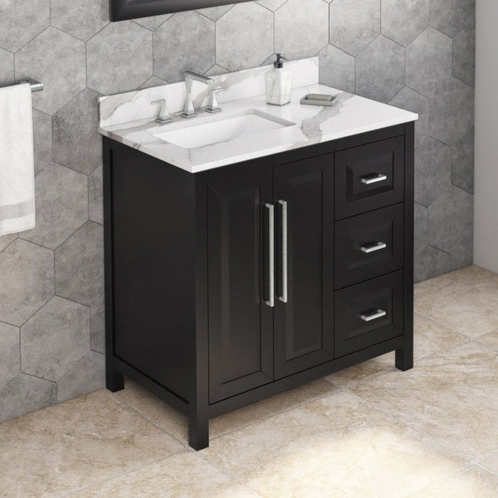 Jeffrey Alexander 36" Black Cade Vanity, left offset, Calacatta Vienna Quartz Vanity Top, undermount rectangle bowl