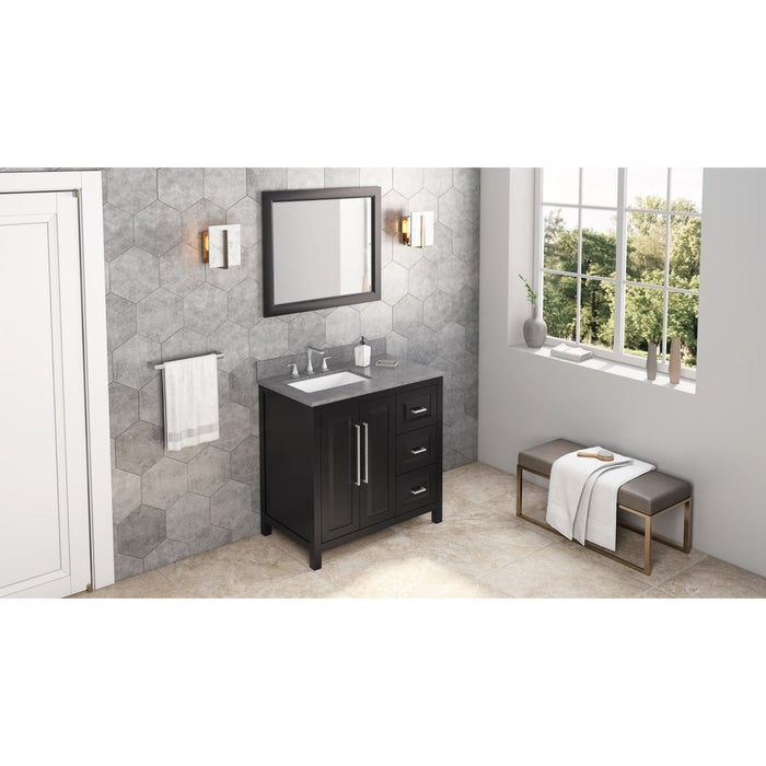 Jeffrey Alexander 36" Black Cade Vanity, left offset, Steel Grey Cultured Marble Vanity Top, undermount rectangle bowl