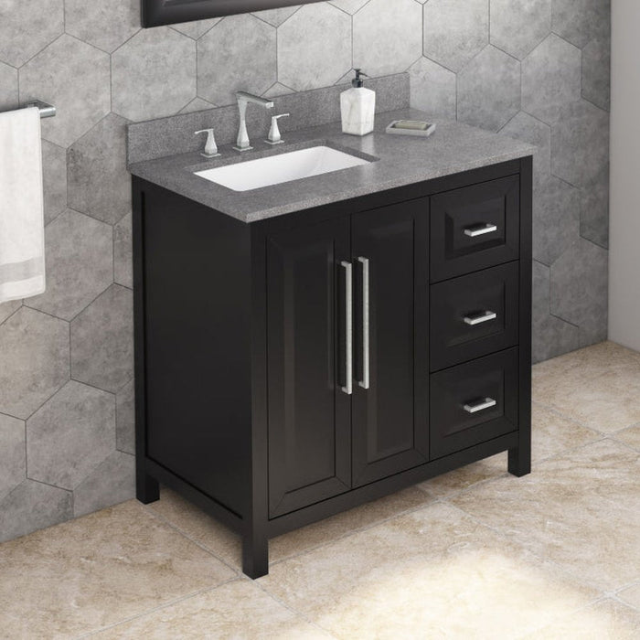 Jeffrey Alexander 36" Black Cade Vanity, left offset, Steel Grey Cultured Marble Vanity Top, undermount rectangle bowl