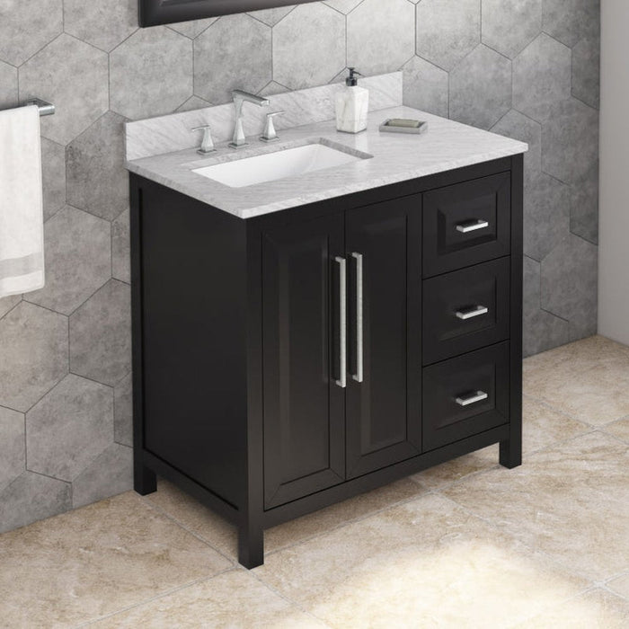 Jeffrey Alexander 36" Black Cade Vanity, left offset, White Carrara Marble Vanity Top, undermount rectangle bowl