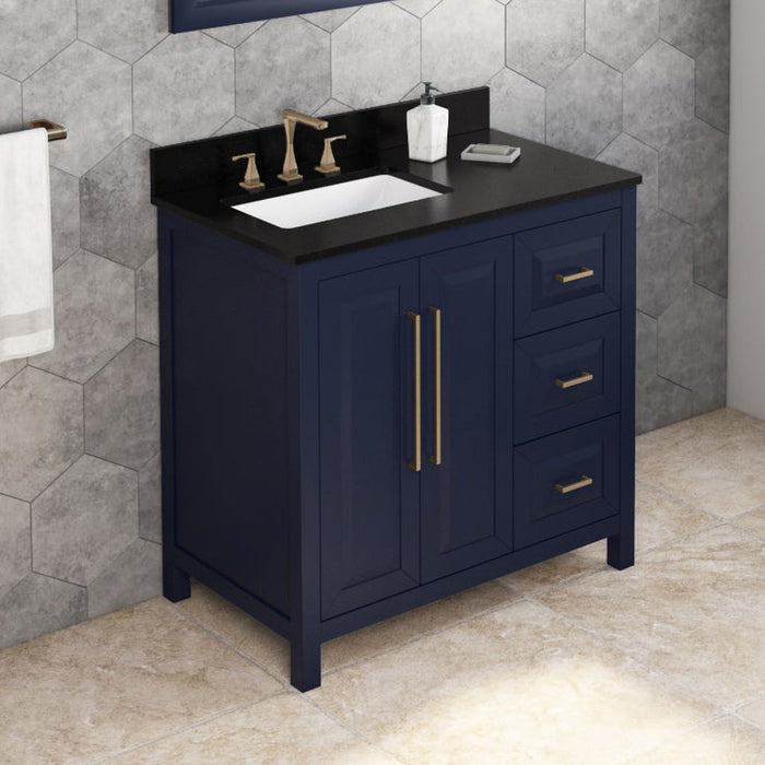 Jeffrey Alexander 36" Hale Blue Cade Vanity, left offset, Black Granite Vanity Top, undermount rectangle bowl