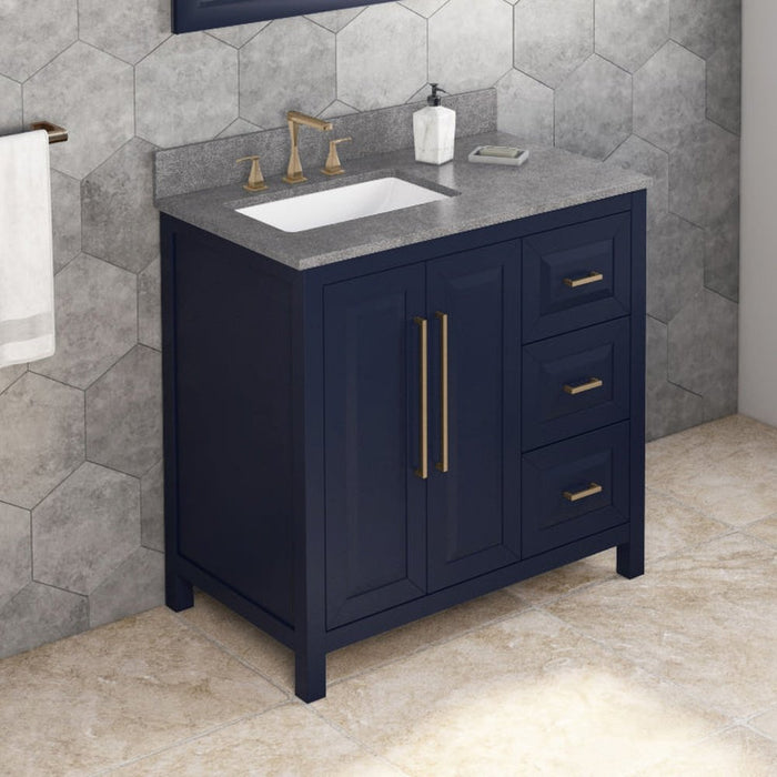 Jeffrey Alexander 36" Hale Blue Cade Vanity, left offset, Steel Grey Cultured Marble Vanity Top, undermount rectangle bowl