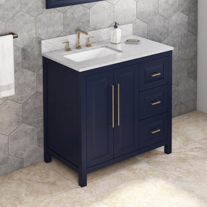 Jeffrey Alexander 36" Hale Blue Cade Vanity, left offset, White Carrara Marble Vanity Top, undermount rectangle bowl