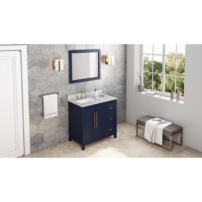 Jeffrey Alexander 36" Hale Blue Cade Vanity, left offset, White Carrara Marble Vanity Top, undermount rectangle bowl