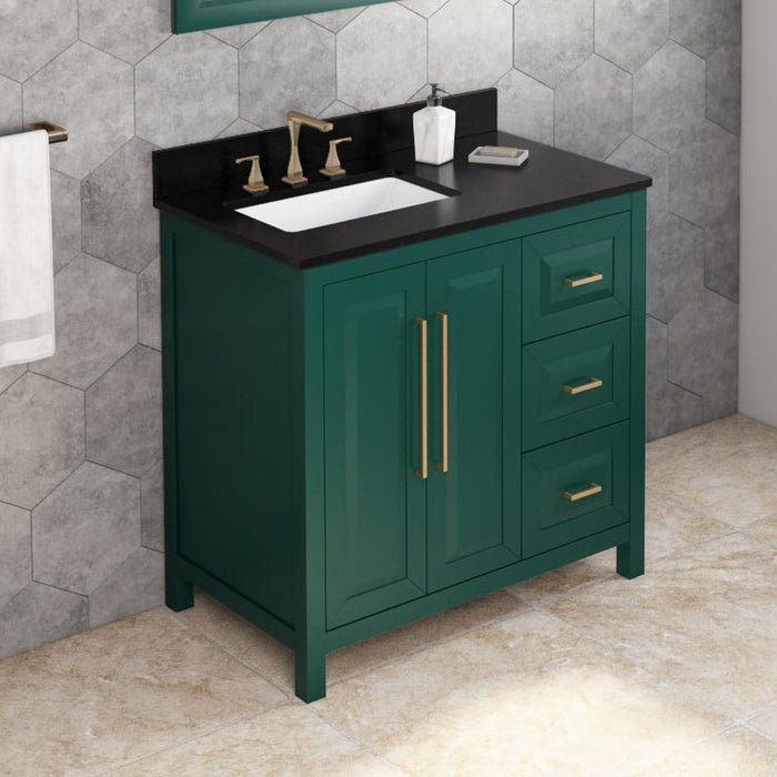 Jeffrey Alexander 36" Forest Green Cade Vanity, left offset, Black Granite Vanity Top, undermount rectangle bowl