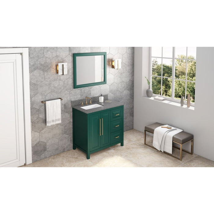 Jeffrey Alexander 36" Forest Green Cade Vanity, left offset, Boulder Vanity Cultured Marble Vanity Top, undermount rectangle bowl