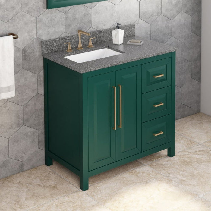 Jeffrey Alexander 36" Forest Green Cade Vanity, left offset, Boulder Vanity Cultured Marble Vanity Top, undermount rectangle bowl