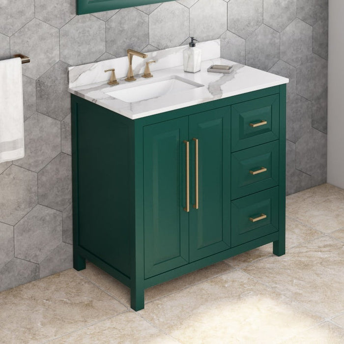 Jeffrey Alexander 36" Forest Green Cade Vanity, left offset, Calacatta Vienna Quartz Vanity Top, undermount rectangle bowl