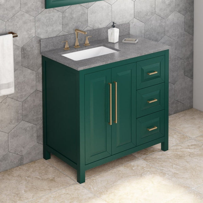 Jeffrey Alexander 36" Forest Green Cade Vanity, left offset, Steel Grey Cultured Marble Vanity Top, undermount rectangle bowl