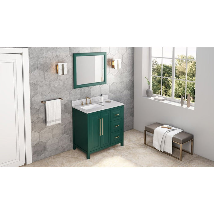 Jeffrey Alexander 36" Forest Green Cade Vanity, left offset, White Carrara Marble Vanity Top, undermount rectangle bowl