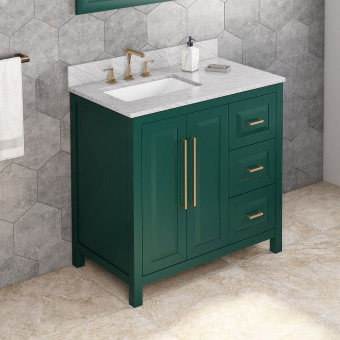 Jeffrey Alexander 36" Forest Green Cade Vanity, left offset, White Carrara Marble Vanity Top, undermount rectangle bowl