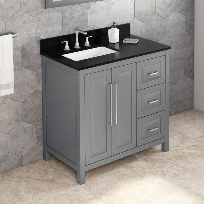 Jeffrey Alexander 36" Grey Cade Vanity, left offset, Black Granite Vanity Top, undermount rectangle bowl