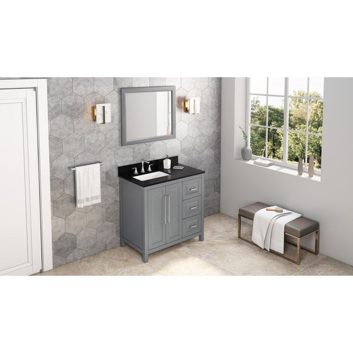 Jeffrey Alexander 36" Grey Cade Vanity, left offset, Black Granite Vanity Top, undermount rectangle bowl