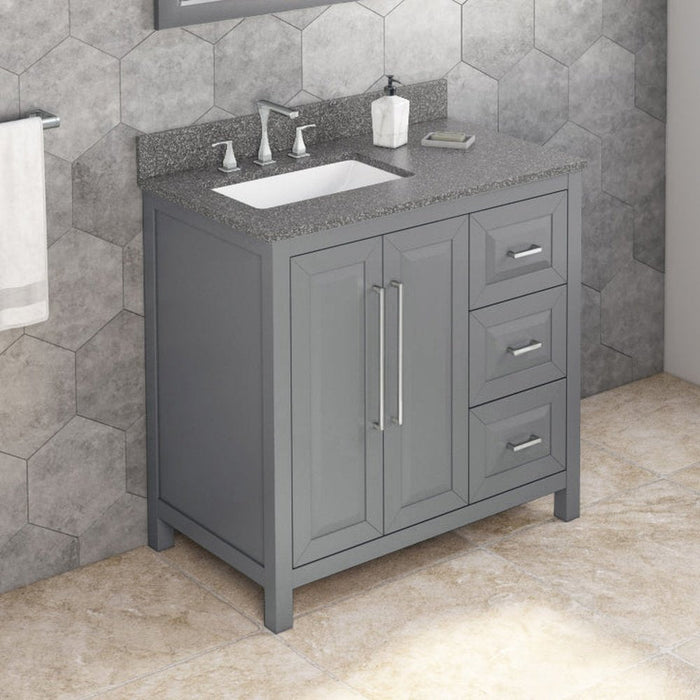 Jeffrey Alexander 36" Grey Cade Vanity, left offset, Boulder Vanity Cultured Marble Vanity Top, undermount rectangle bowl