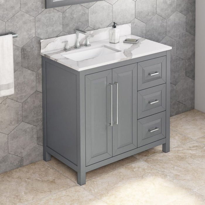 Jeffrey Alexander 36" Grey Cade Vanity, left offset, Calacatta Vienna Quartz Vanity Top, undermount rectangle bowl