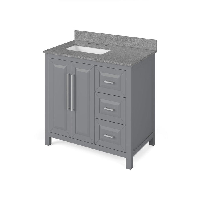 Jeffrey Alexander 36" Grey Cade Vanity, left offset, Steel Grey Cultured Marble Vanity Top, undermount rectangle bowl