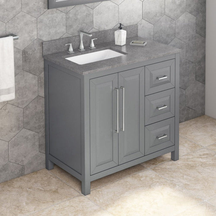 Jeffrey Alexander 36" Grey Cade Vanity, left offset, Steel Grey Cultured Marble Vanity Top, undermount rectangle bowl