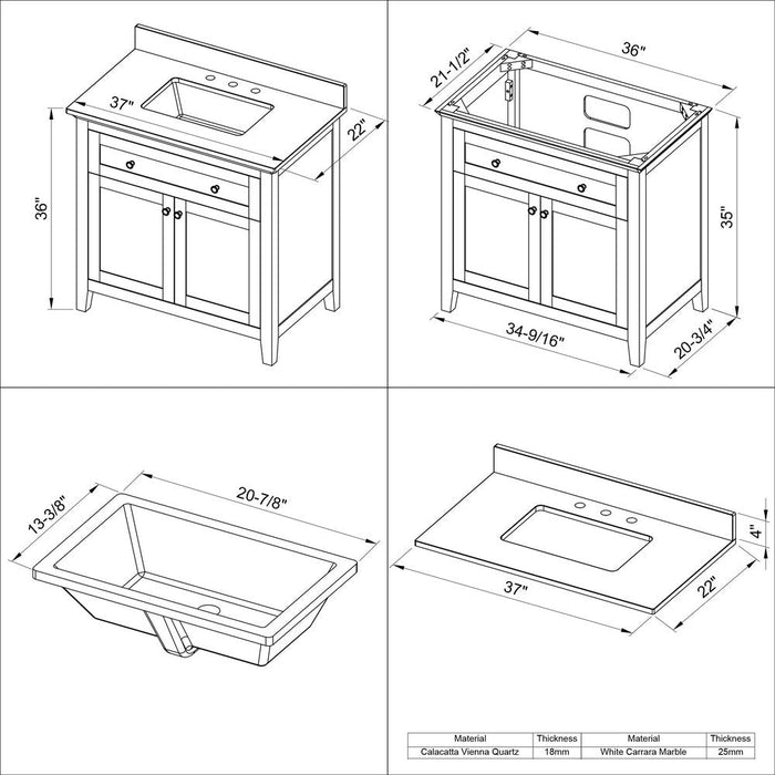 Jeffrey Alexander 36" White Chatham Vanity, White Carrara Marble Vanity Top, undermount rectangle bowl