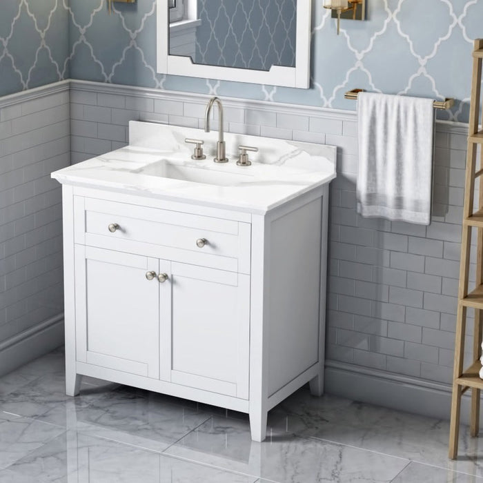 Jeffrey Alexander 36" White Chatham Vanity, Calacatta Vienna Quartz Vanity Top, undermount rectangle bowl