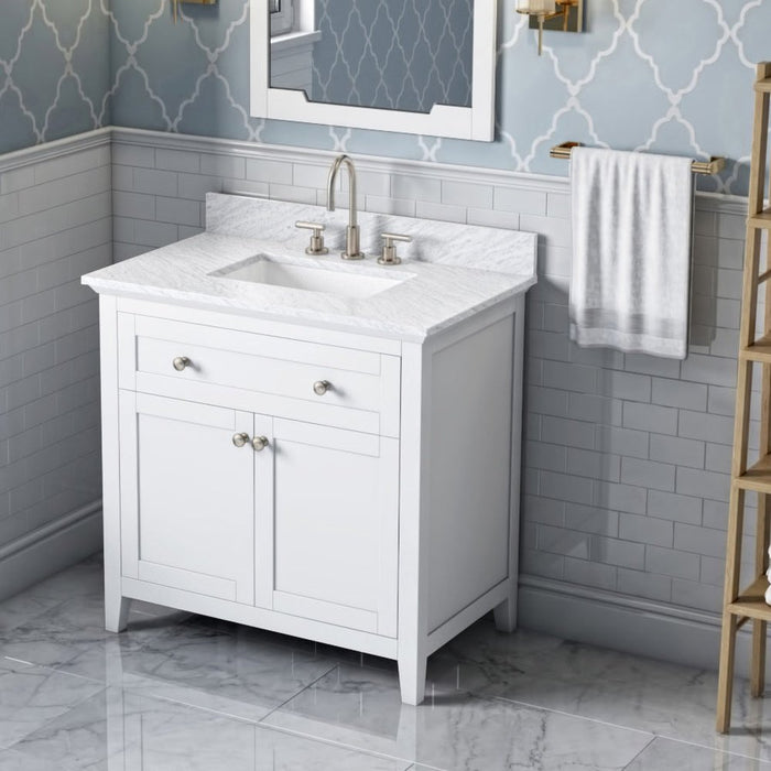 Jeffrey Alexander 36" White Chatham Vanity, White Carrara Marble Vanity Top, undermount rectangle bowl