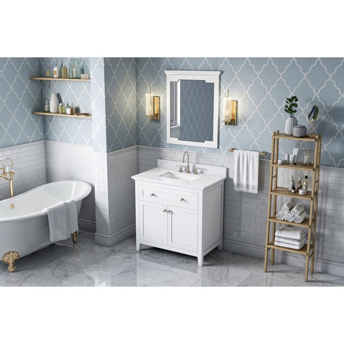 Jeffrey Alexander 36" White Chatham Vanity, White Carrara Marble Vanity Top, undermount rectangle bowl