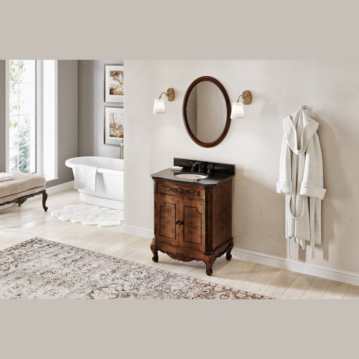 Jeffrey Alexander 30" Nutmeg Clairemont Vanity, Clairemont-only Black Granite Vanity Top, undermount oval bowl