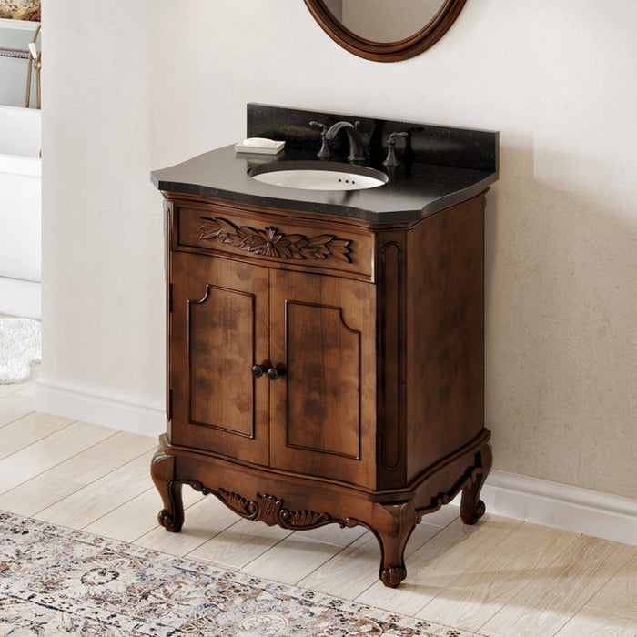 Jeffrey Alexander 30" Nutmeg Clairemont Vanity, Clairemont-only Black Granite Vanity Top, undermount oval bowl