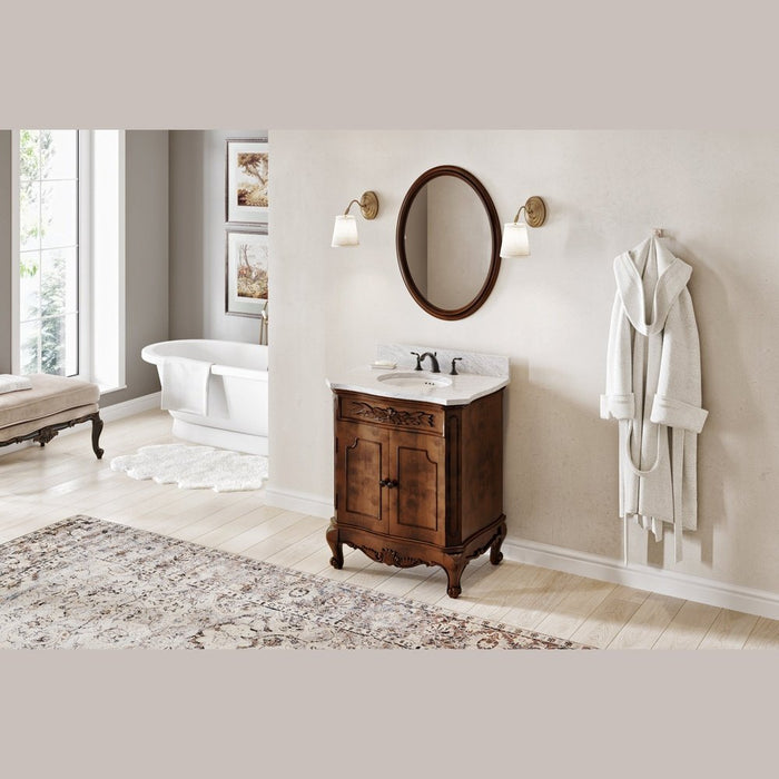 Jeffrey Alexander 30" Nutmeg Clairemont Vanity, Clairemont-only White Carrara Marble Vanity Top, undermount oval bowl