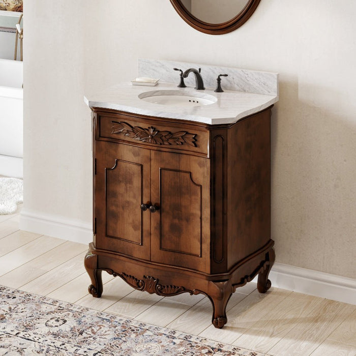 Jeffrey Alexander 30" Nutmeg Clairemont Vanity, Clairemont-only White Carrara Marble Vanity Top, undermount oval bowl