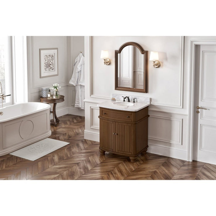 Jeffrey Alexander 30" Walnut Compton Vanity, Compton-only White Carrara Marble Vanity Top, undermount oval bowl