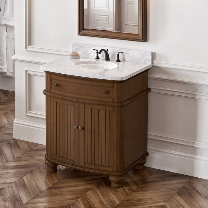 Jeffrey Alexander 30" Walnut Compton Vanity, Compton-only White Carrara Marble Vanity Top, undermount oval bowl