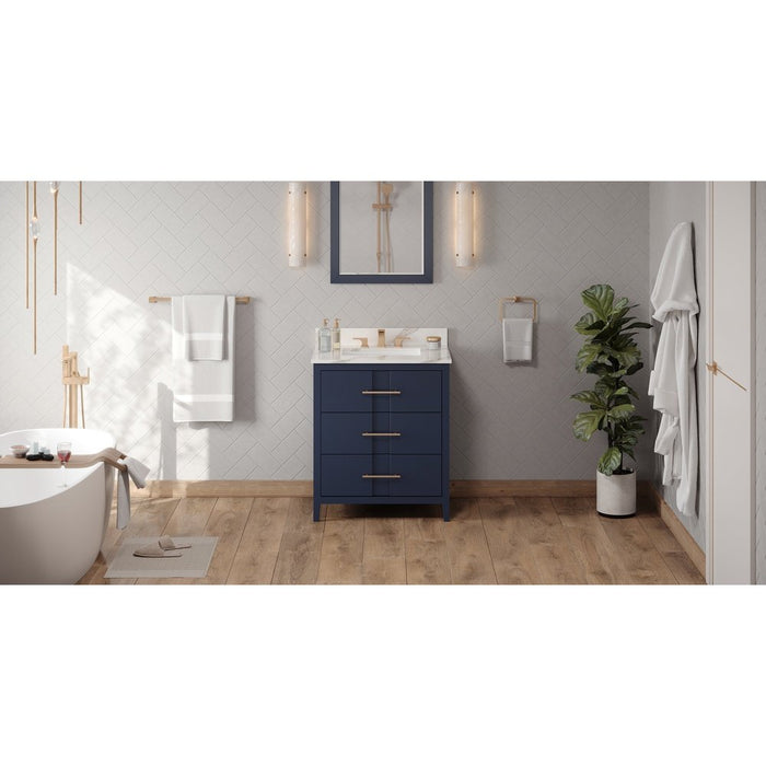 Jeffrey Alexander 30" Hale Blue Katara Vanity, Calacatta Vienna Quartz Vanity Top, undermount rectangle bowl