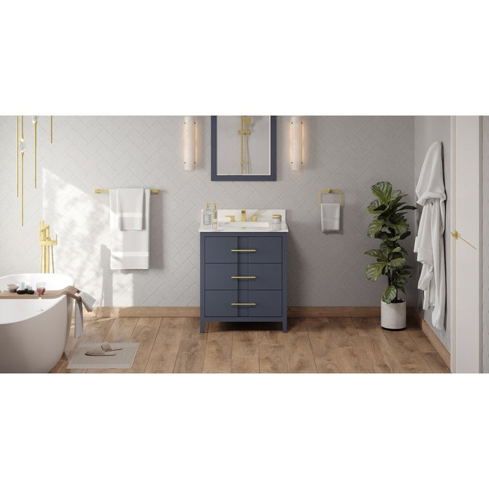 Jeffrey Alexander 30" Blue Steel Katara Vanity, Calacatta Vienna Quartz Vanity Top, undermount rectangle bowl