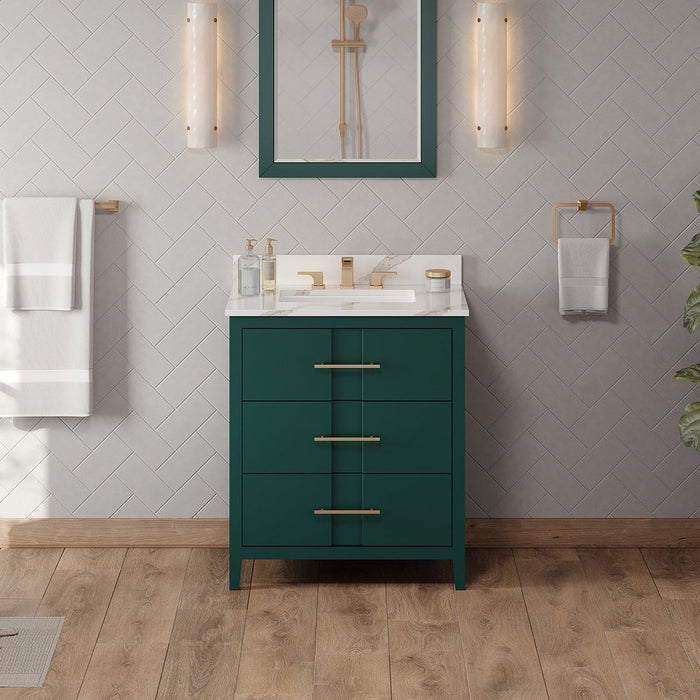 Jeffrey Alexander 30" Forest Green Katara Vanity, Calacatta Vienna Quartz Vanity Top, undermount rectangle bowl