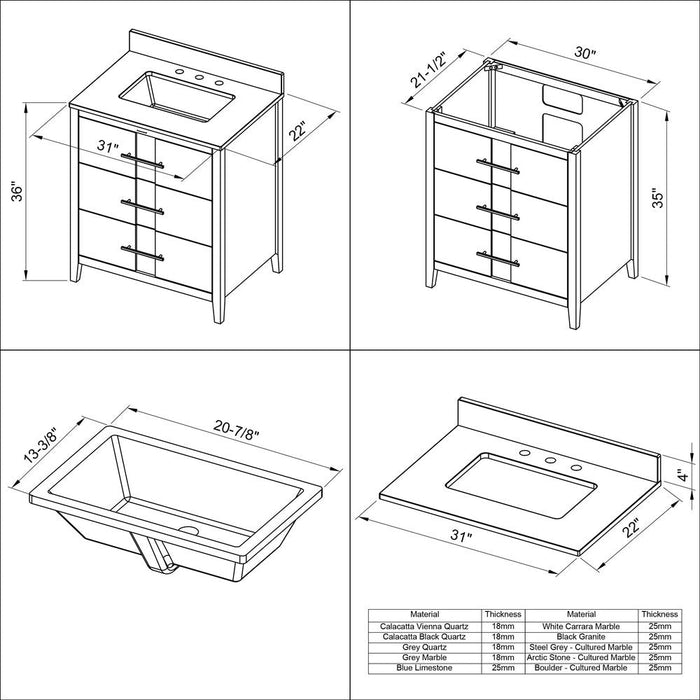 Jeffrey Alexander 30" Hale Blue Katara Vanity, Calacatta Vienna Quartz Vanity Top, undermount rectangle bowl